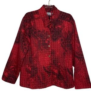 Chicos Womens‎ Size 2/Large Red Paisley Textured Blazer Jacket Mandolin Collar